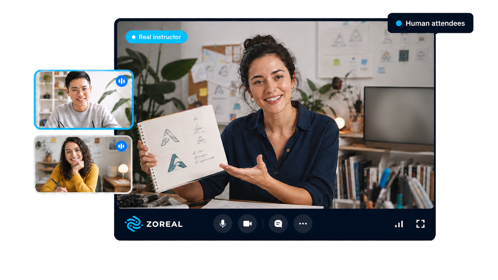 A webinar screen labelled Real instructor and Human attendees, the presenter holding sketches up to two attendee tiles