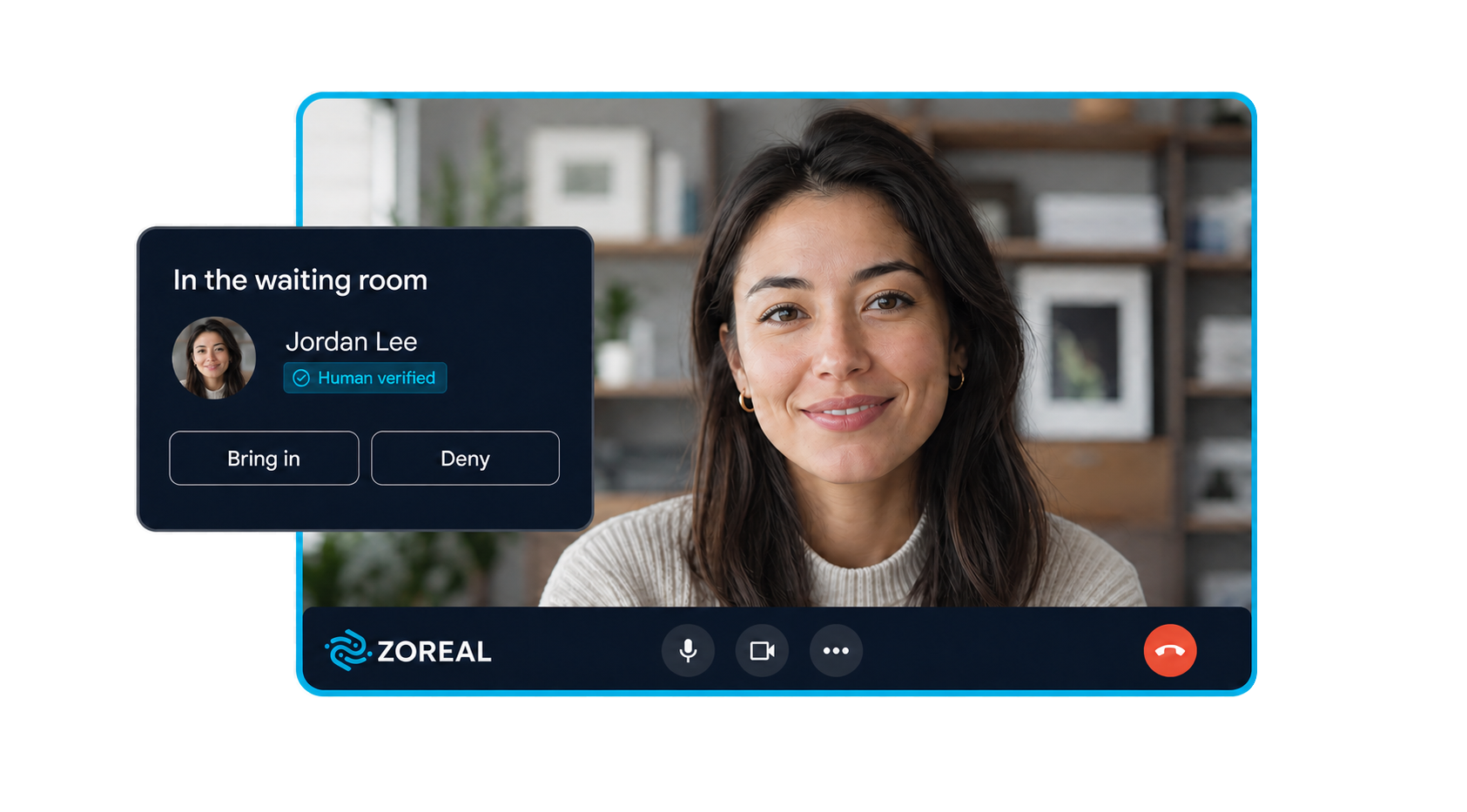 A ZOREAL Meet waiting room showing a verified person requesting to join